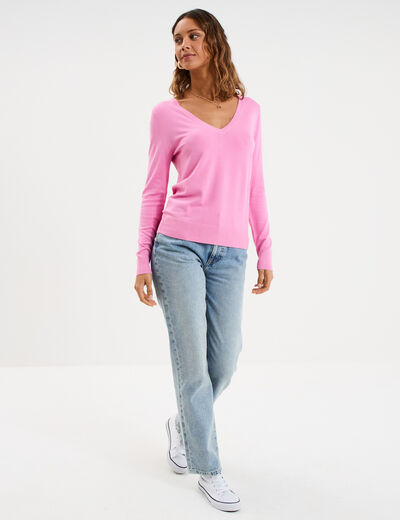 Pull col en V manches longues rose femme