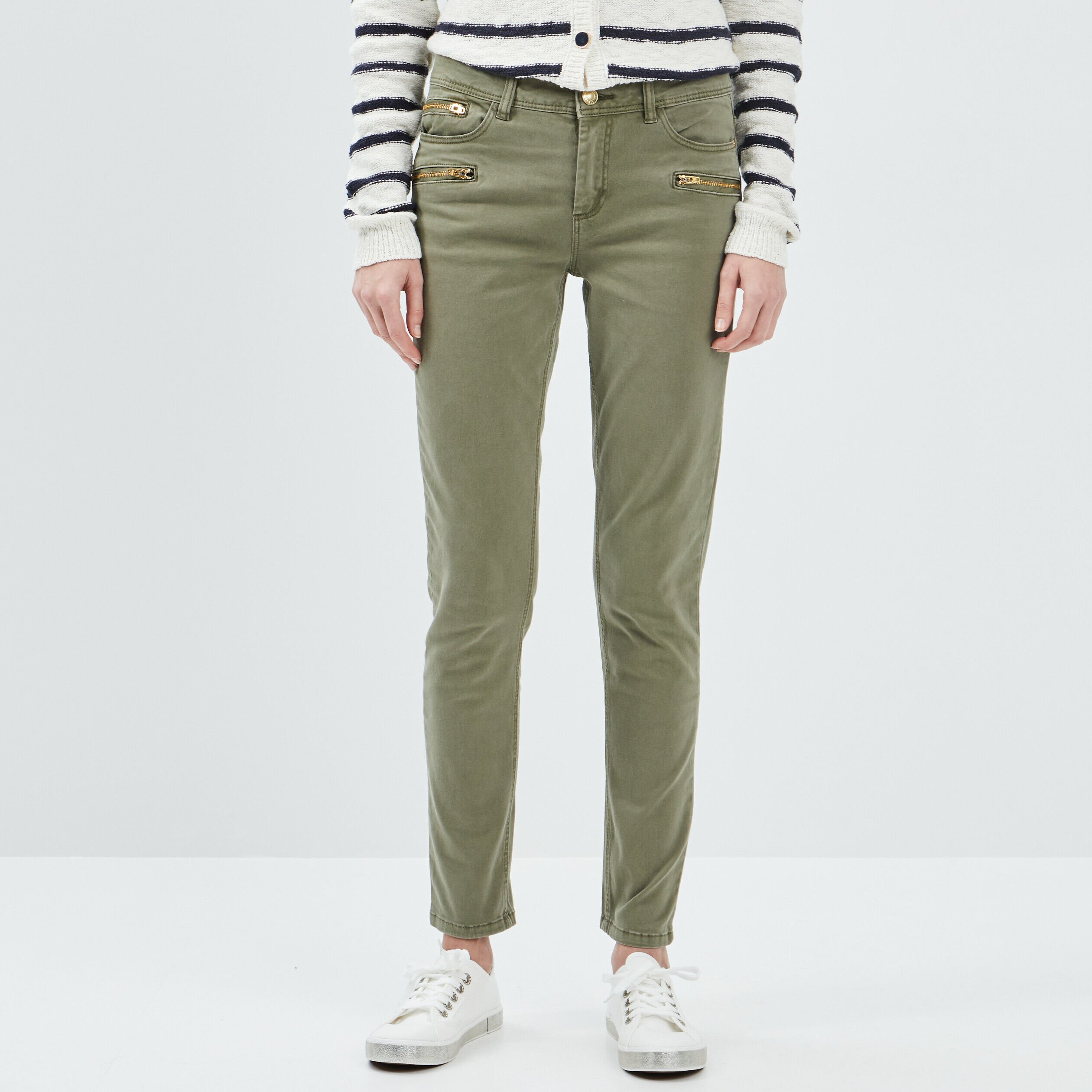 Pantalon skinny détails zippés vert kaki femme LIBERTO