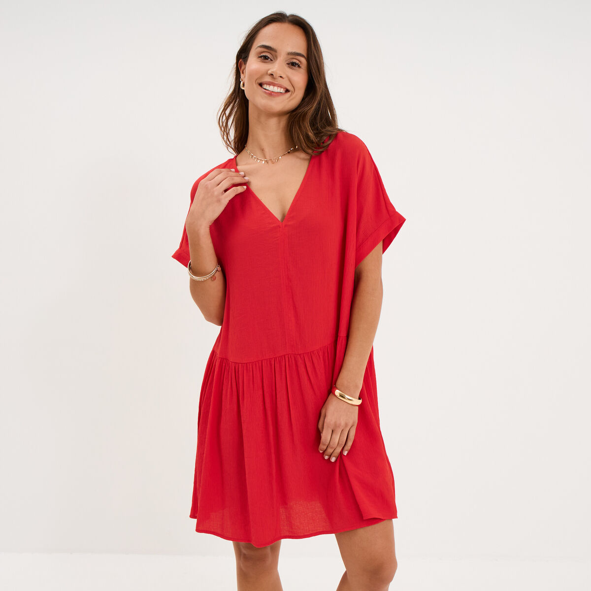 Robe courte fluide manches courtes rouge femme