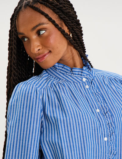 Blouse manches longues col montant bleu femme