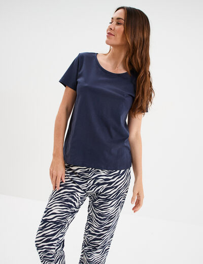 Ensemble pyjama pantalon t-shirt coton bleu marine femme