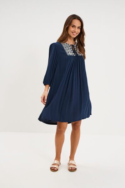 Robe fluide brod&eacute;e manches 3/4 bleu marine femme