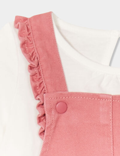 Ensemble 3 pièces avec robe salopette vieux rose bébé fille