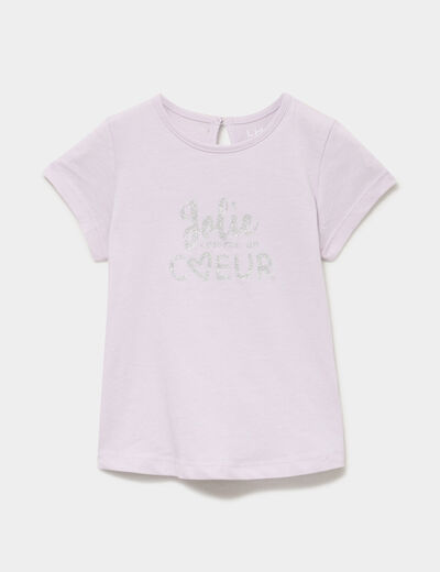 T-shirt paillettes manches courtes coton parme b&eacute;b&eacute; fille