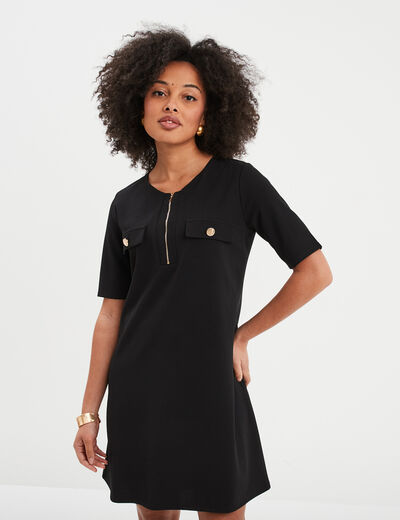 Robe courte col rond zippé Mosquitos noir femme