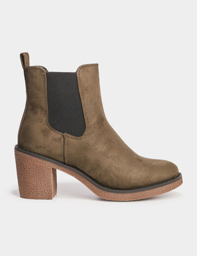 Bottines chelsea &agrave; talons aspect su&eacute;dine vert kaki femme