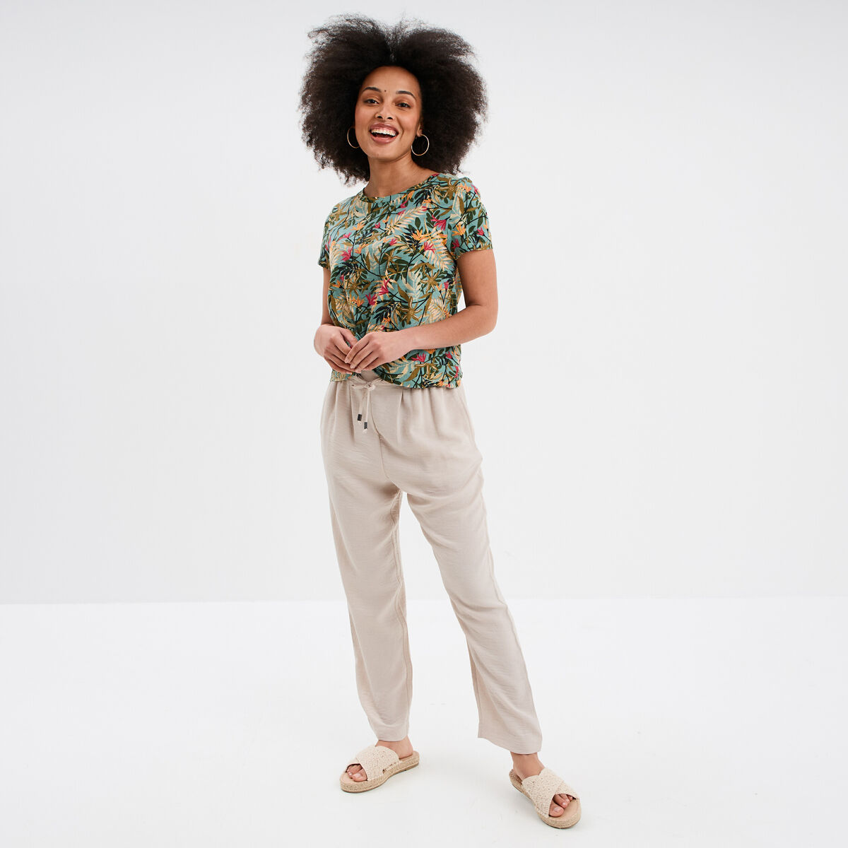 T-shirt taille effet noué coton vert émeraude femme