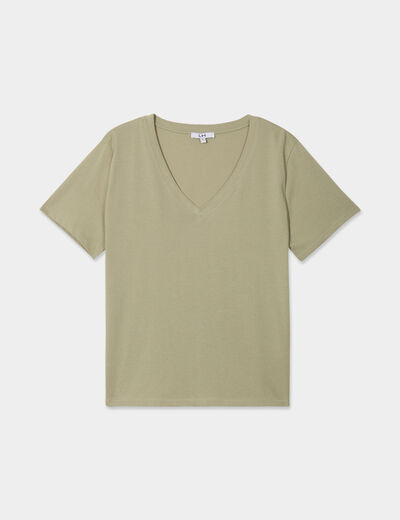T-shirt manches courtes col en V coton vert kaki femme