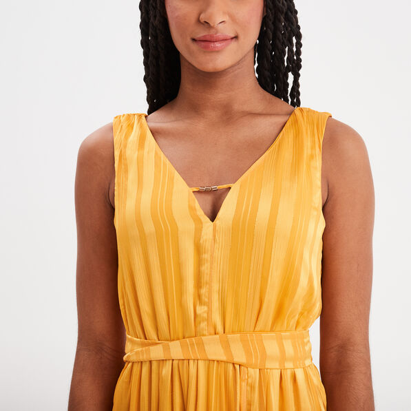 Robe longue fluide col détail bijou jaune foncé femme