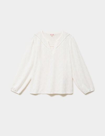 Blouse ajour&eacute;e manches 3/4 col tunisien blanc femme grande taille