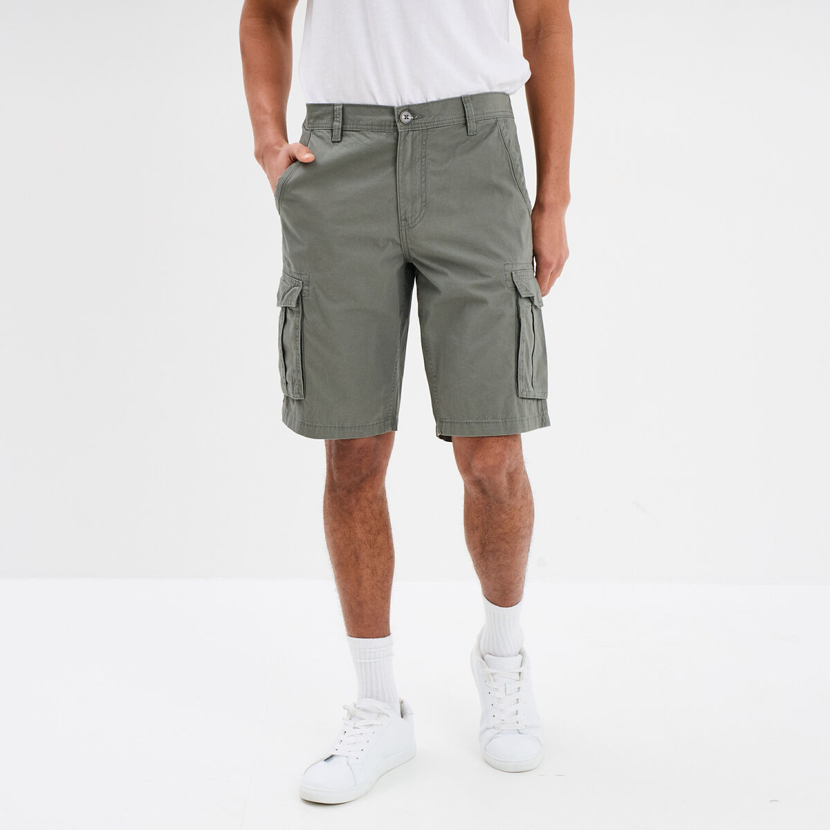 Bermuda short cargo poches &agrave; rabat coton gris homme