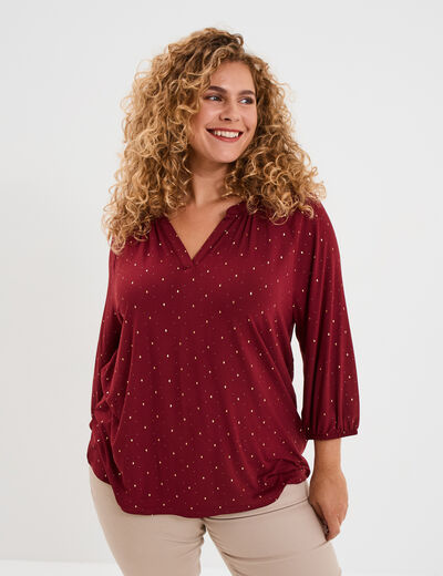 Blouse col en V manches 3/4 bordeaux femme grande taille
