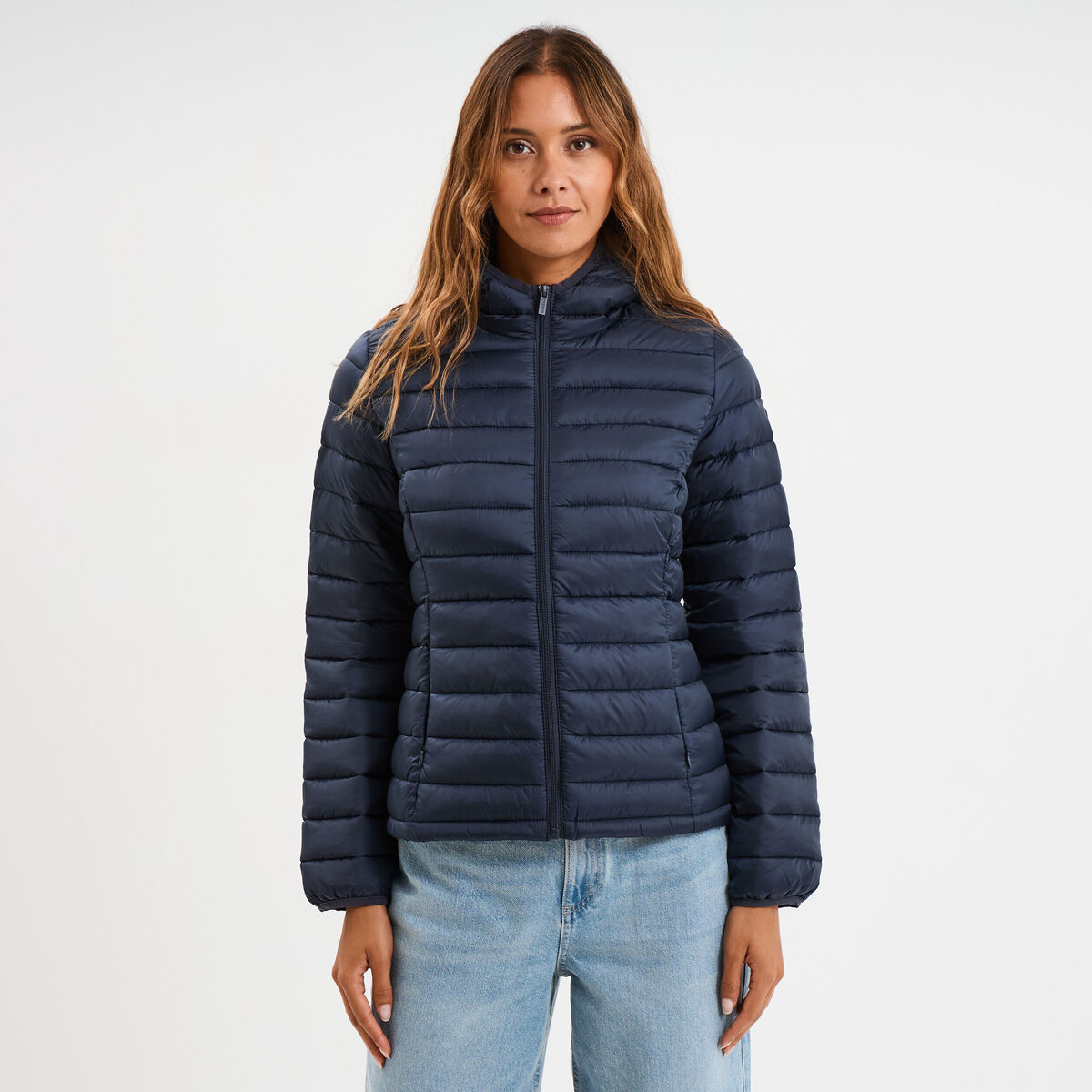 Doudoune l&eacute;g&egrave;re d&eacute;perlante &agrave; capuche bleu marine femme