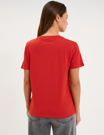 T-shirt col rond manches courtes coton rouge femme