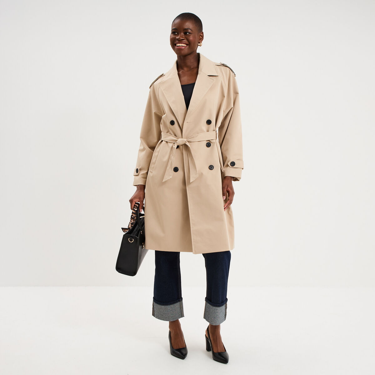 Trench long ceintur&eacute; beige femme