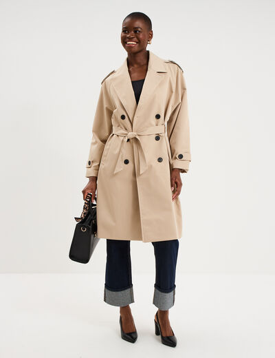 Trench long ceintur&eacute; beige femme