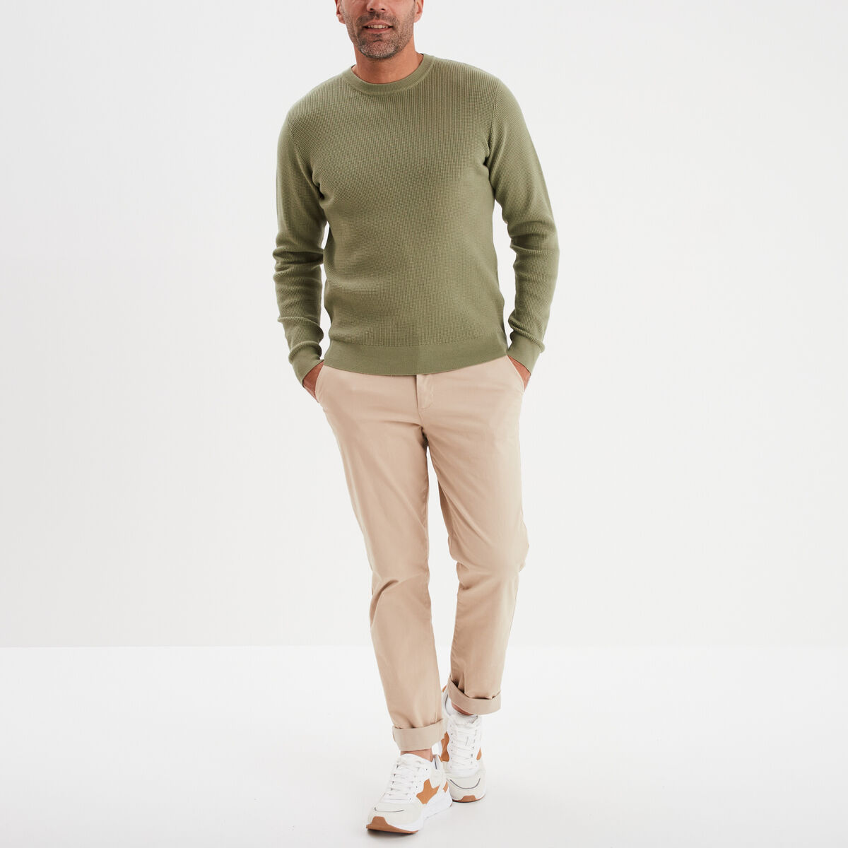 Pull en maille textur&eacute;e col rond vert kaki homme