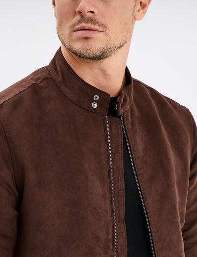 Blouson col motard en su&eacute;dine zipp&eacute; marron fonc&eacute; homme
