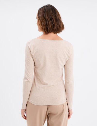 T-shirt manches longues col en V coton beige femme