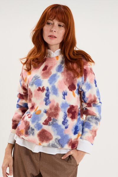 Pull col rond manches longues relax rose framboise femme
