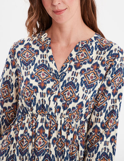 Robe col tunisien courte évasée fluide ecru femme