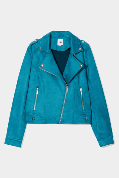 Veste esprit biker effet suédine bleu canard femme
