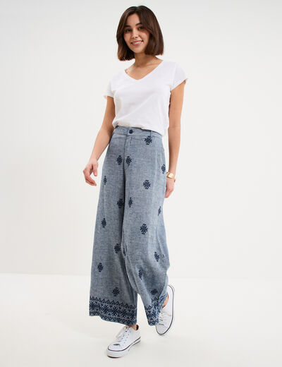 Pantalon large brod&eacute; bleu fonc&eacute; femme
