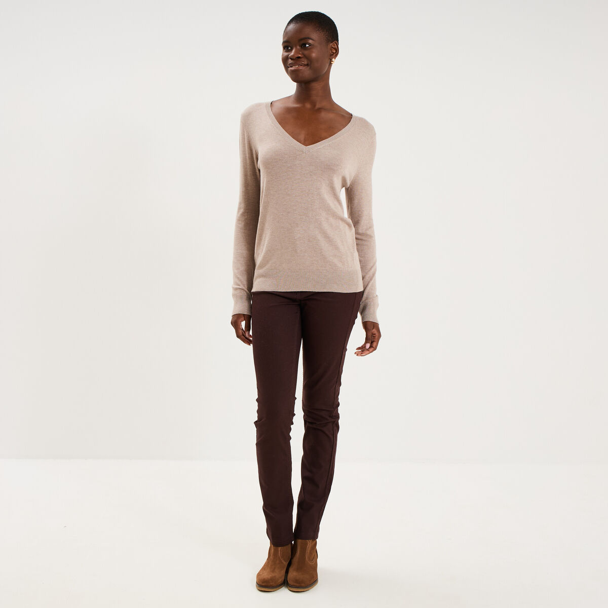 Pantalon slim stretch marron fonc&eacute; femme