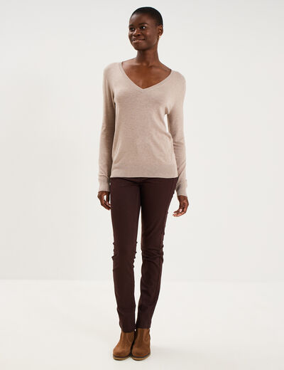 Pantalon slim stretch marron fonc&eacute; femme