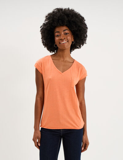 T-shirt col v poche poitrine orange corail femme