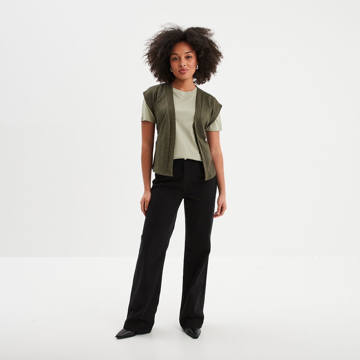T-shirt col rond manches courtes coton vert kaki femme
