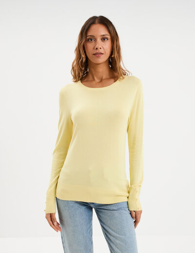 Pull col rond boutons aux poignets jaune clair femme