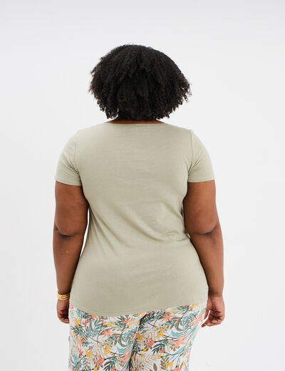 T-shirt col en V manches courtes coton vert kaki femme grande taille