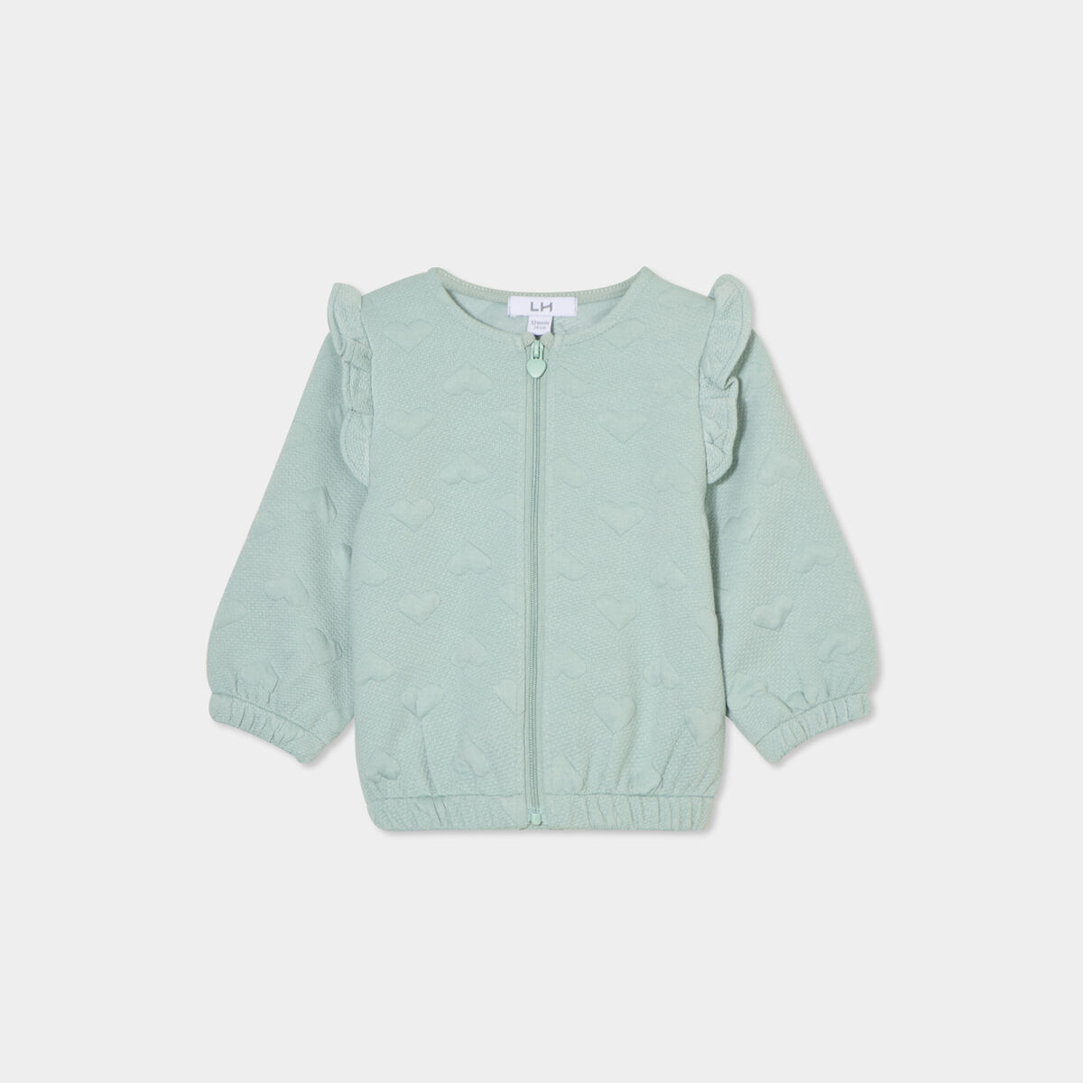 Gilet zipp&eacute; matelass&eacute; coeur &agrave; volants vert pastel b&eacute;b&eacute; fille