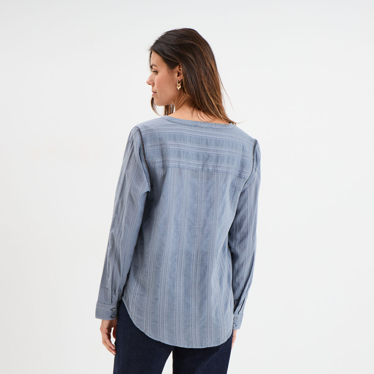 Blouse droite col mao coton bleu gris femme