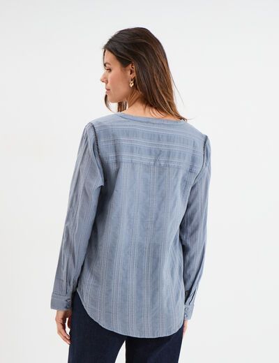 Blouse droite col mao coton bleu gris femme