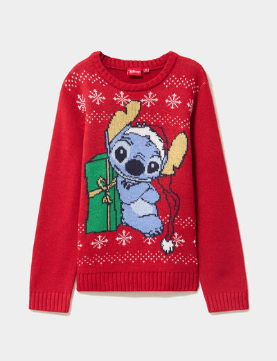 Pull de No&euml;l manches longues Stitch rouge fille