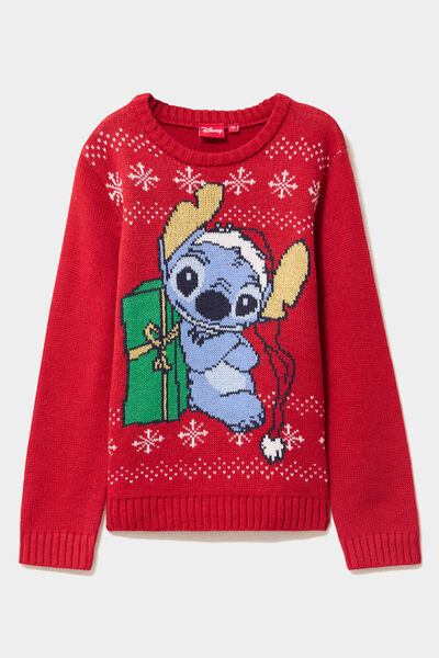 Pull de No&euml;l manches longues Stitch rouge fille