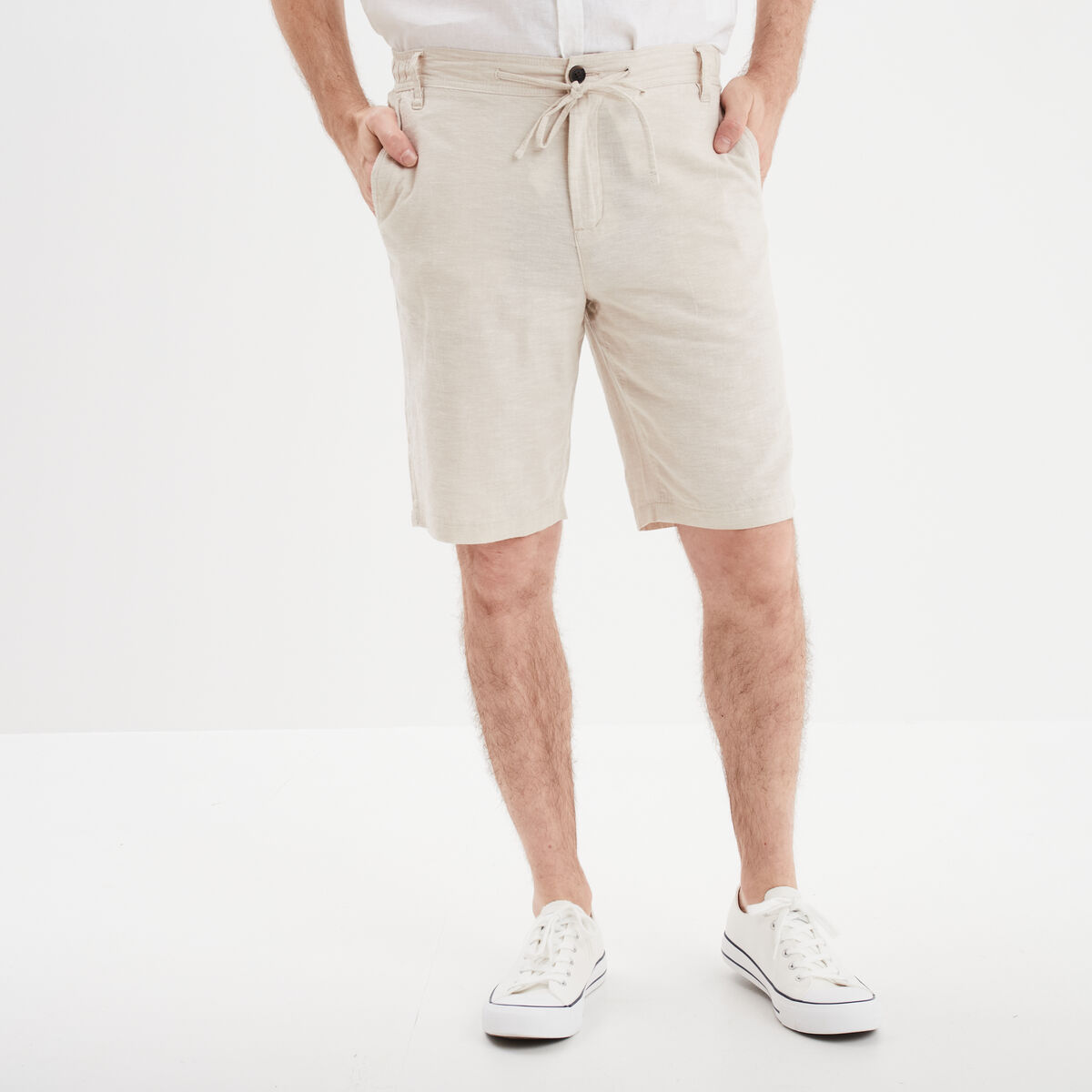 Bermuda chino &agrave; coulisse lin m&eacute;lang&eacute; gris clair homme