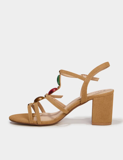 Sandales &agrave; talons 7 cm su&eacute;dine et bijoux sable femme