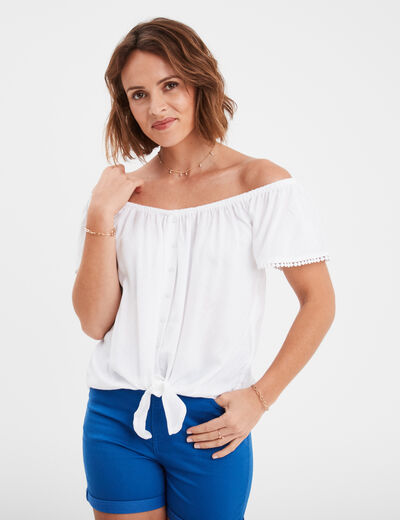 Blouse manches courtes avec noeud blanc femme