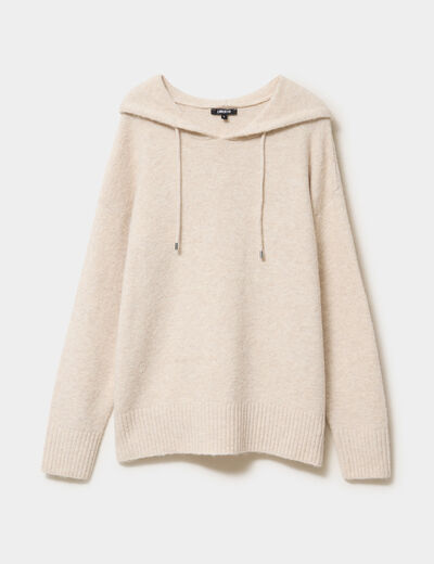 Pull &agrave; capuche manches longues ecru femme