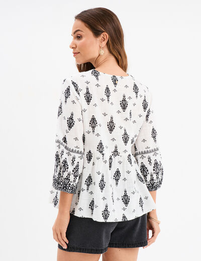 Blouse col tunisien manches ballons ecru femme