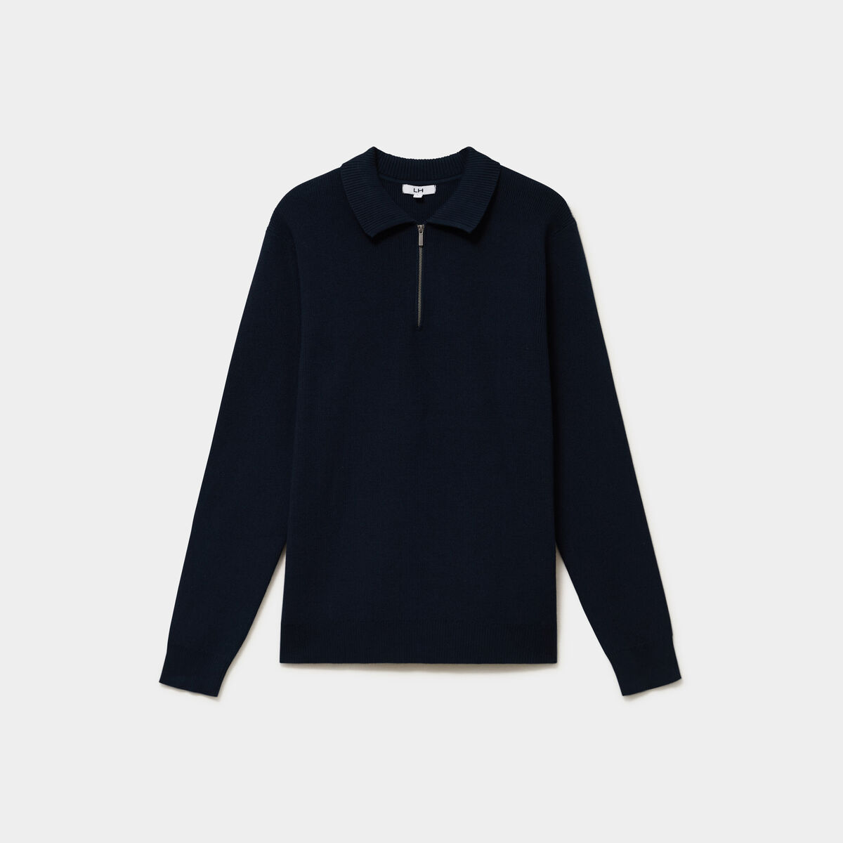 Pull col polo zipp&eacute; manches longues bleu marine homme