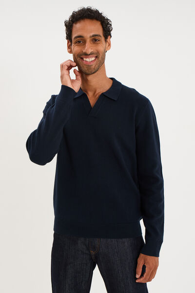 Pull col polo manches longues bleu marine homme