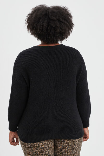 Gilet boutonné à col en V noir femme grande taille
