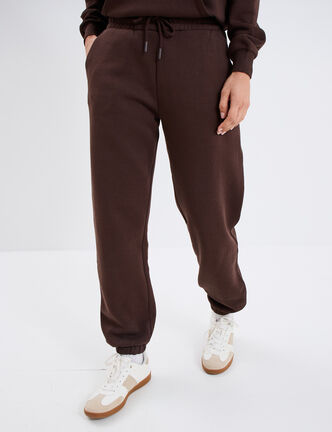 Pantalon jogging droit molleton marron foncé femme