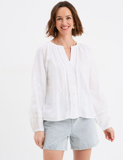 Blouse manches ballons brodées blanc femme