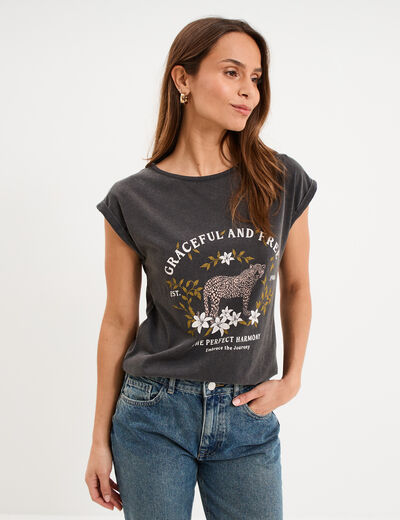 T-shirt col rond manches courtes coton noir femme