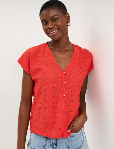 T-shirt broderie anglaise col en V rouge femme